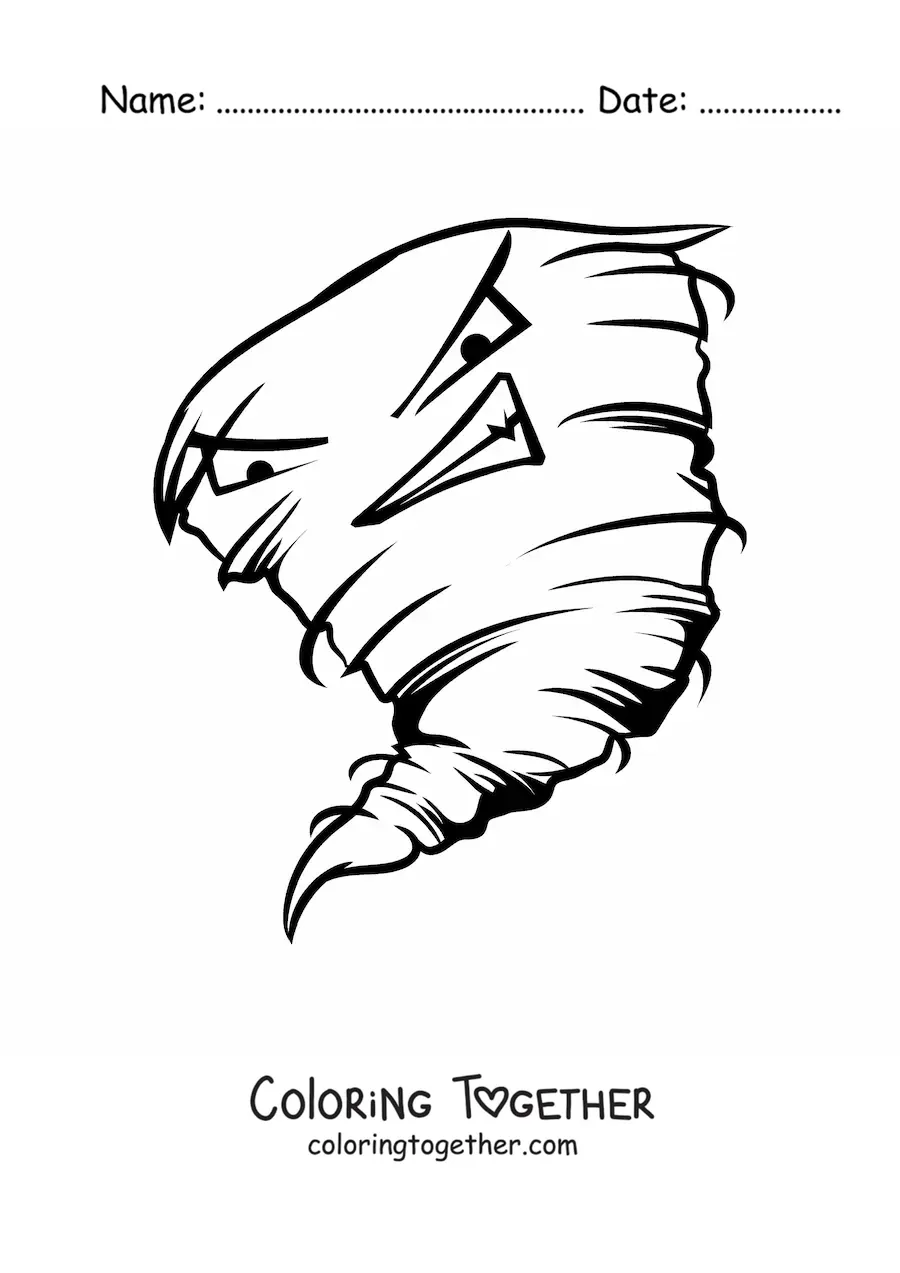 Coloring page of an evil cartoon hurricane