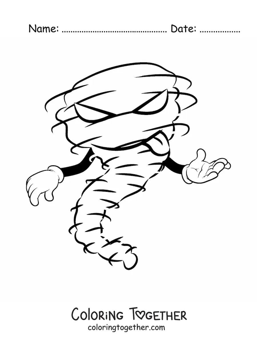 Coloring page of an evil cartoon hurricane with hands