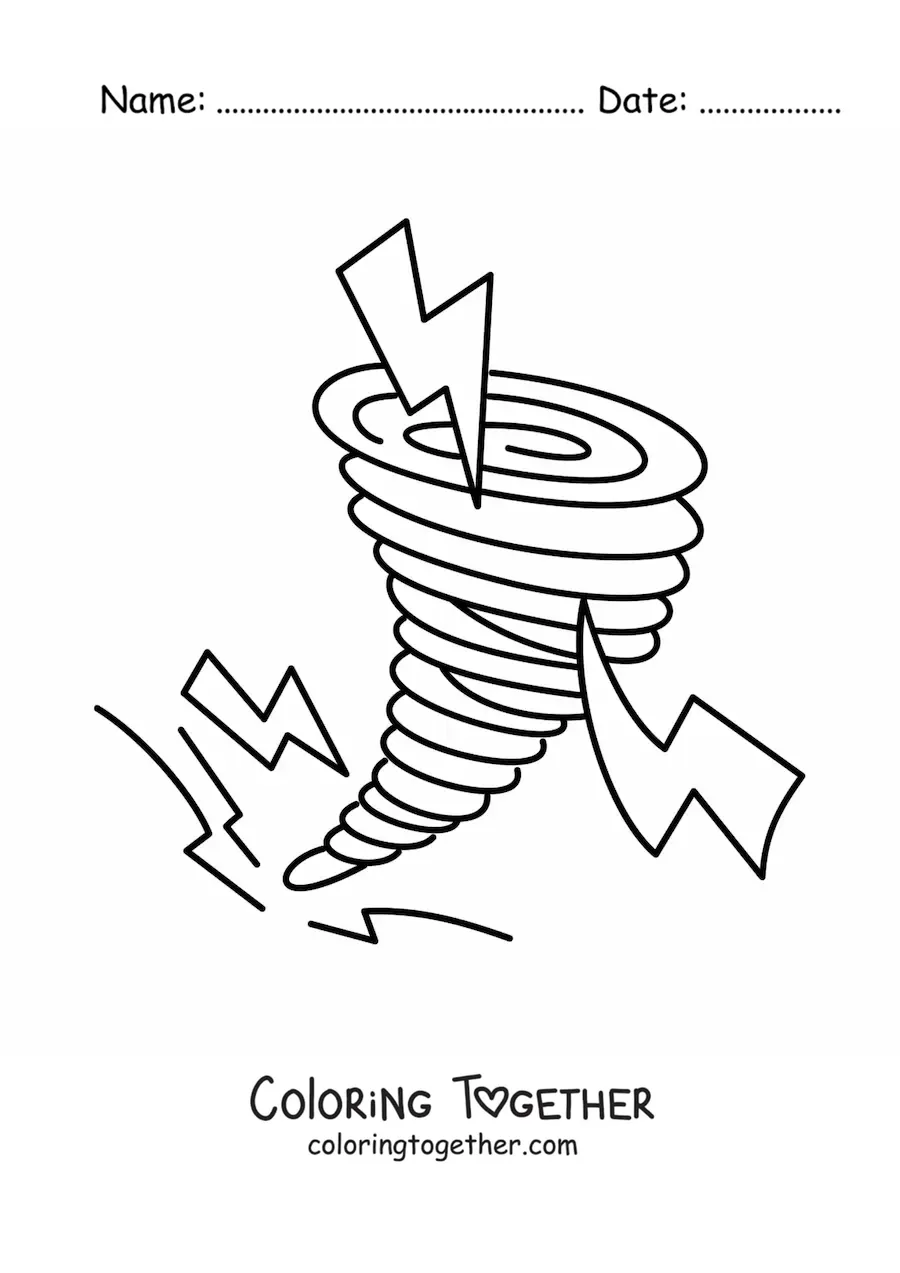 Coloring page of a hurricane with 3 lightning bolts