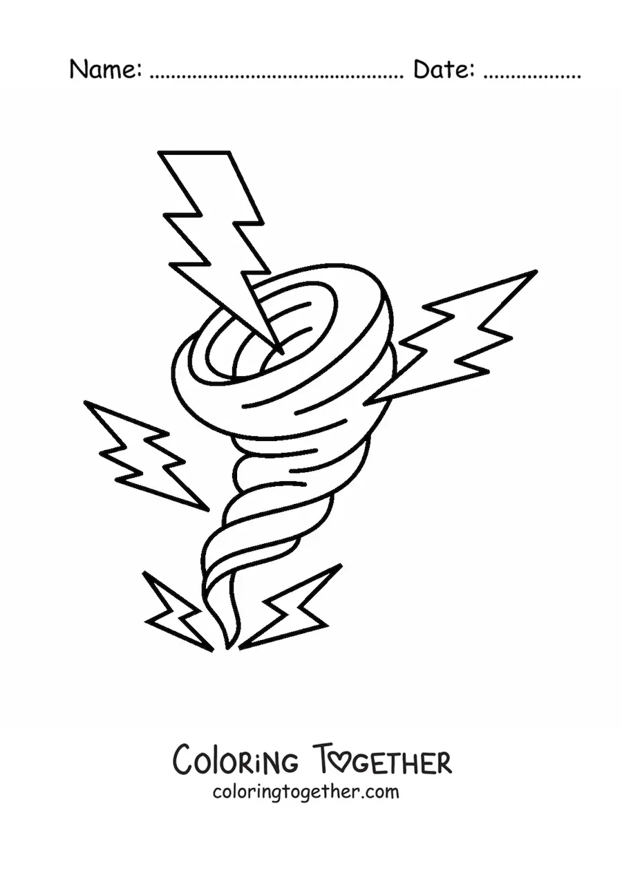 Coloring page of a hurricane with 5 lightning bolts