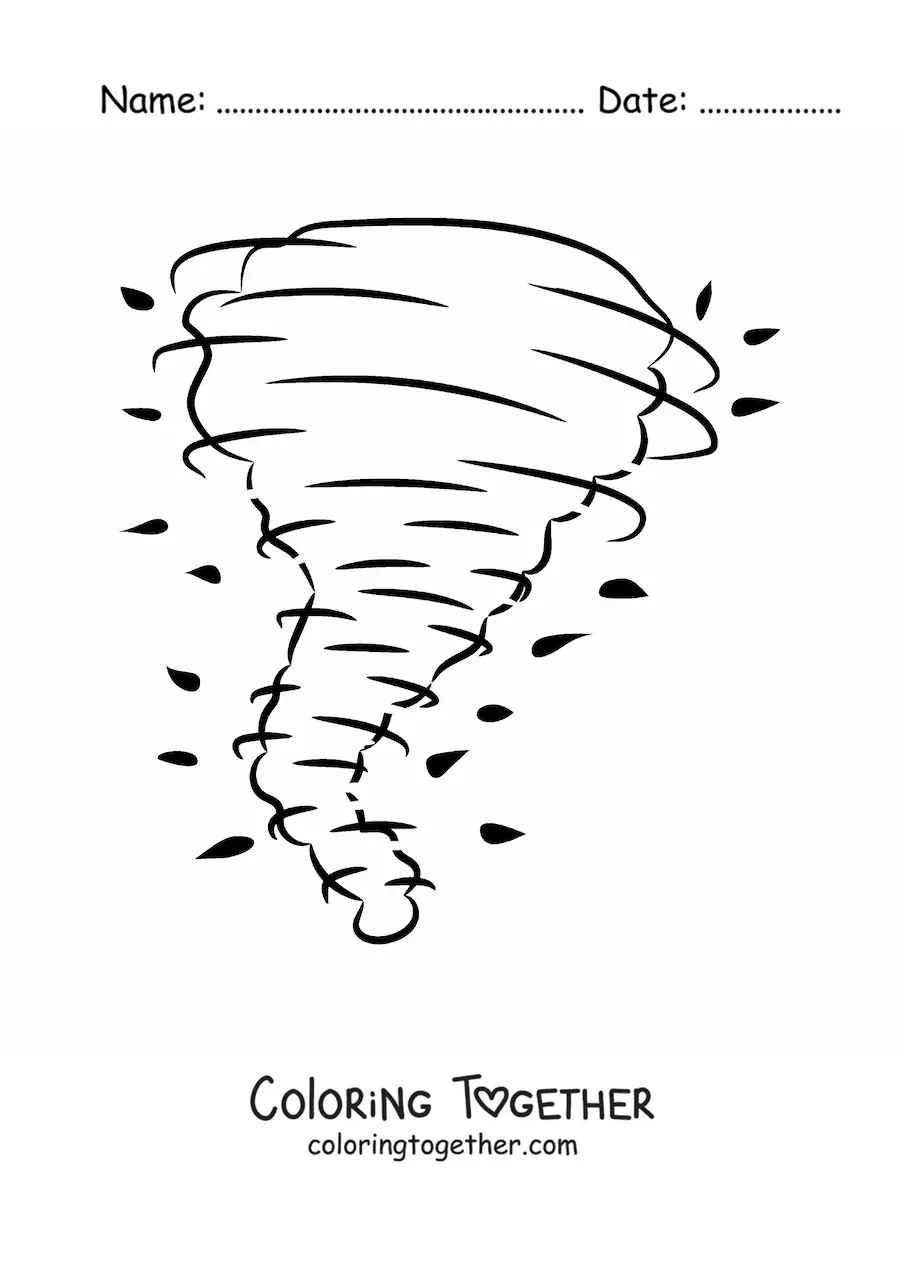 Coloring page of a hurricane dragging along tree leaves