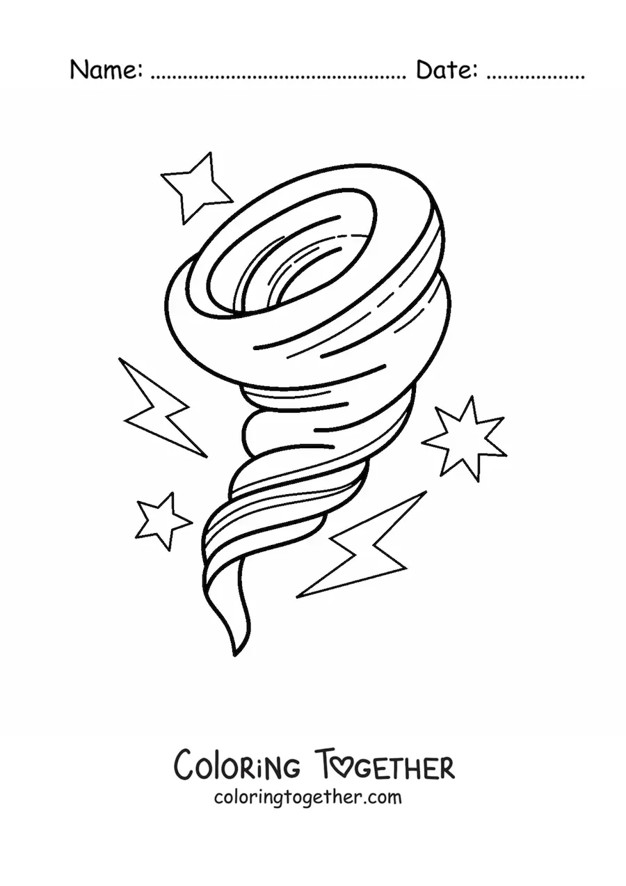 Coloring page of a hurricane with lightning bolts and sparks