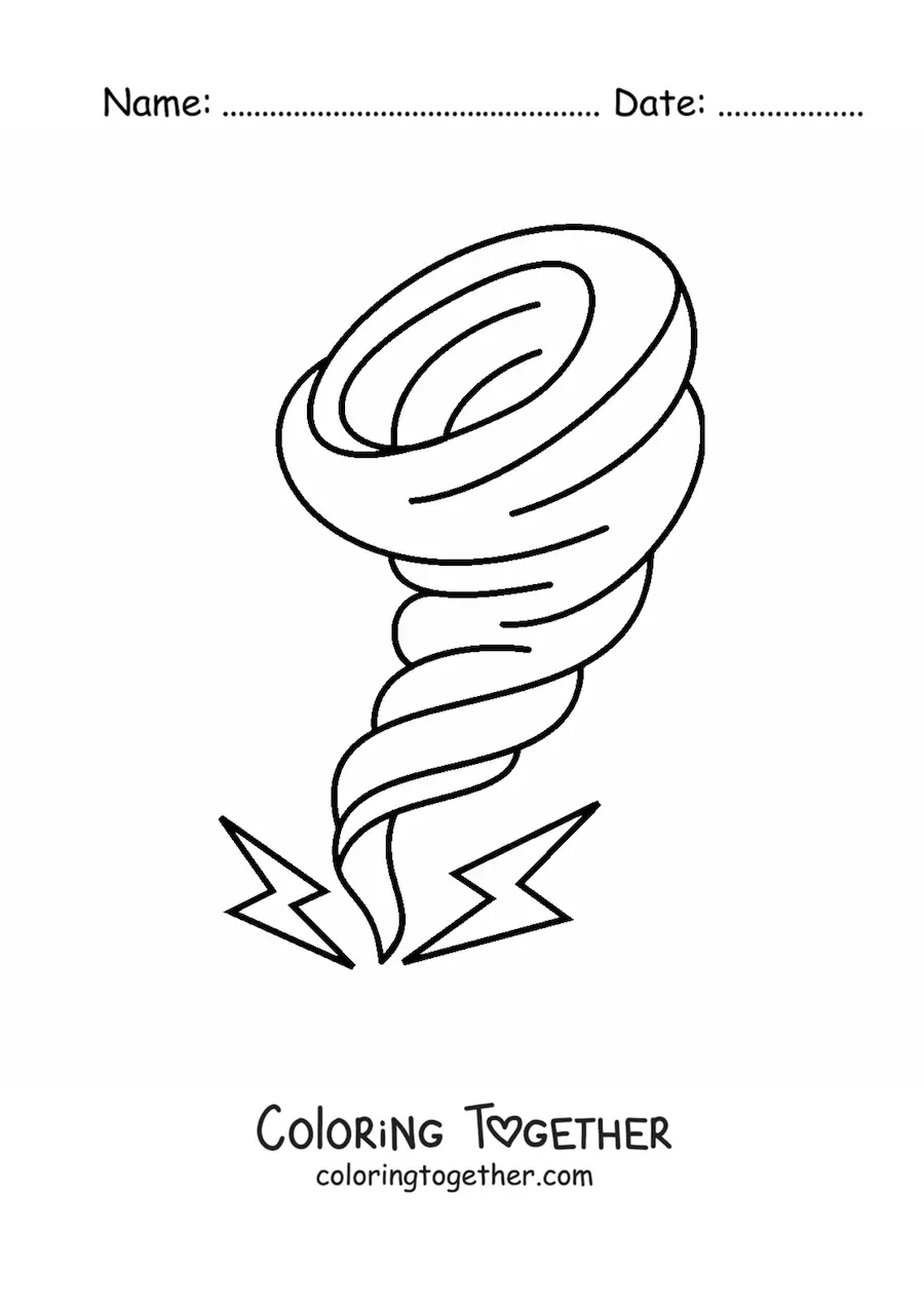 Coloring page of a hurricane with 2 lightning bolts