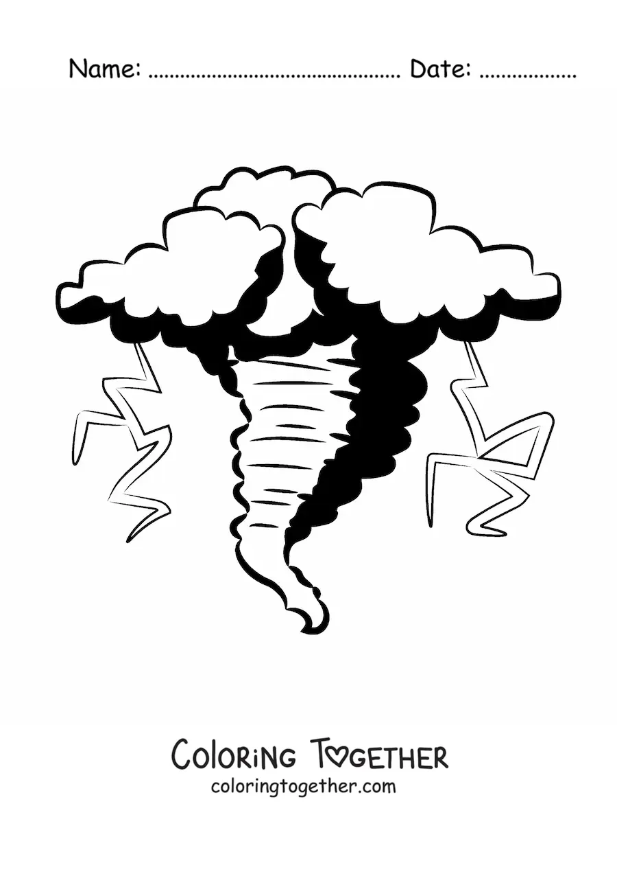 Coloring page of a realistic hurricane with lightning bolts shooting out of it