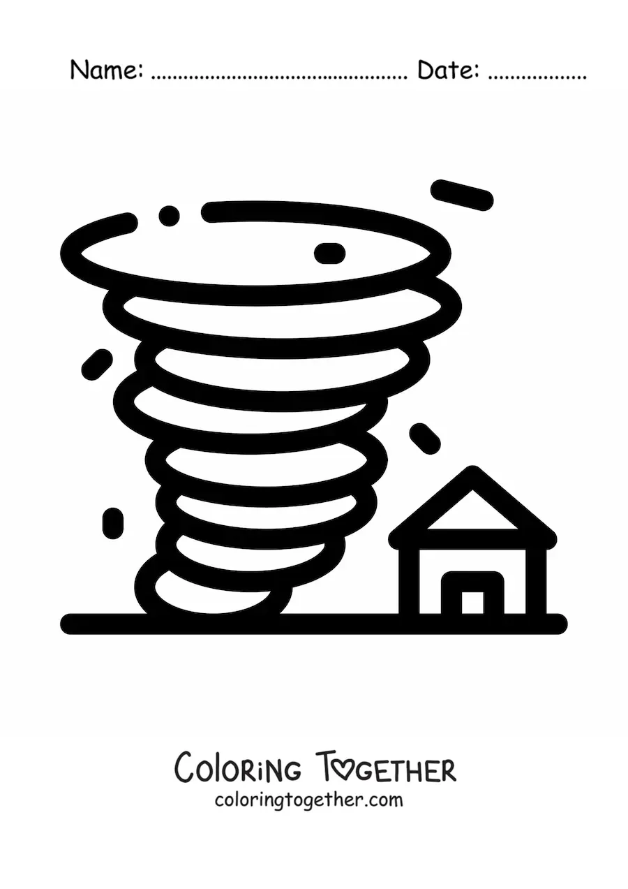 Coloring page of a hurricane about to tear apart a house