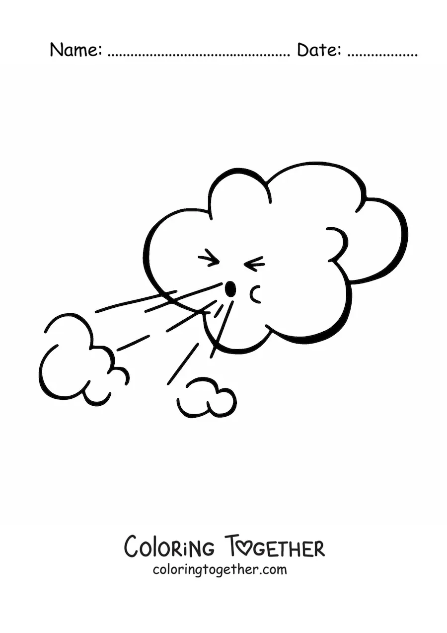 Coloring page of a cloud blowing wind