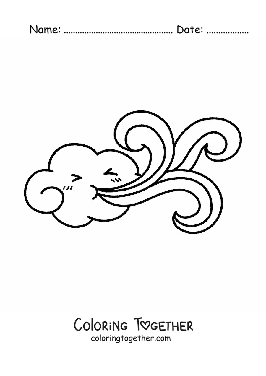 Coloring page of a kawaii cloud blowing wind
