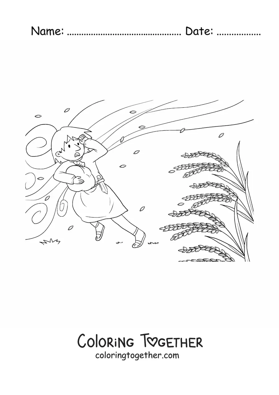 Coloring page of a man being swept along by the wind in a wheat field