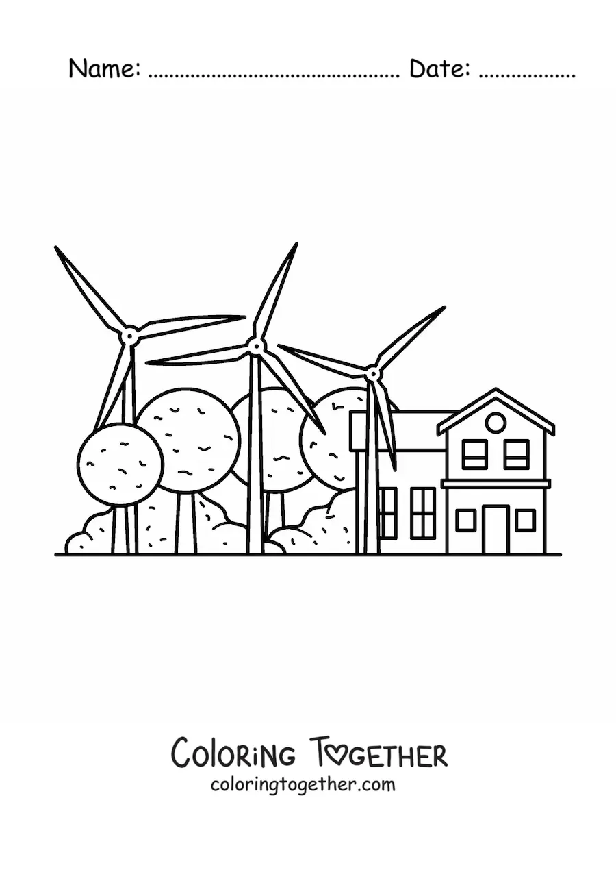 Coloring page of windmills providing electricity to a house, with trees in the background