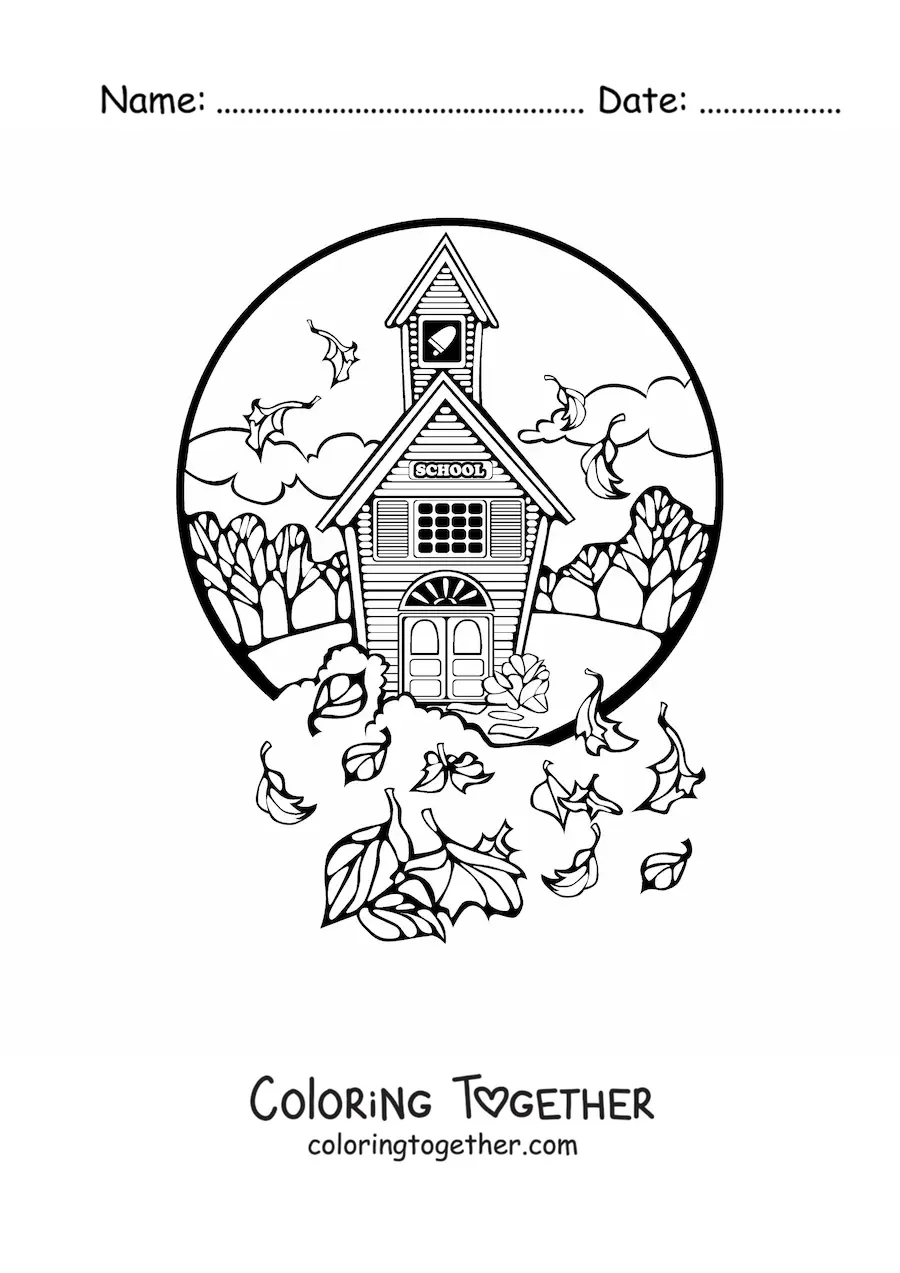 Coloring page of a school with trees and leaves in the wind