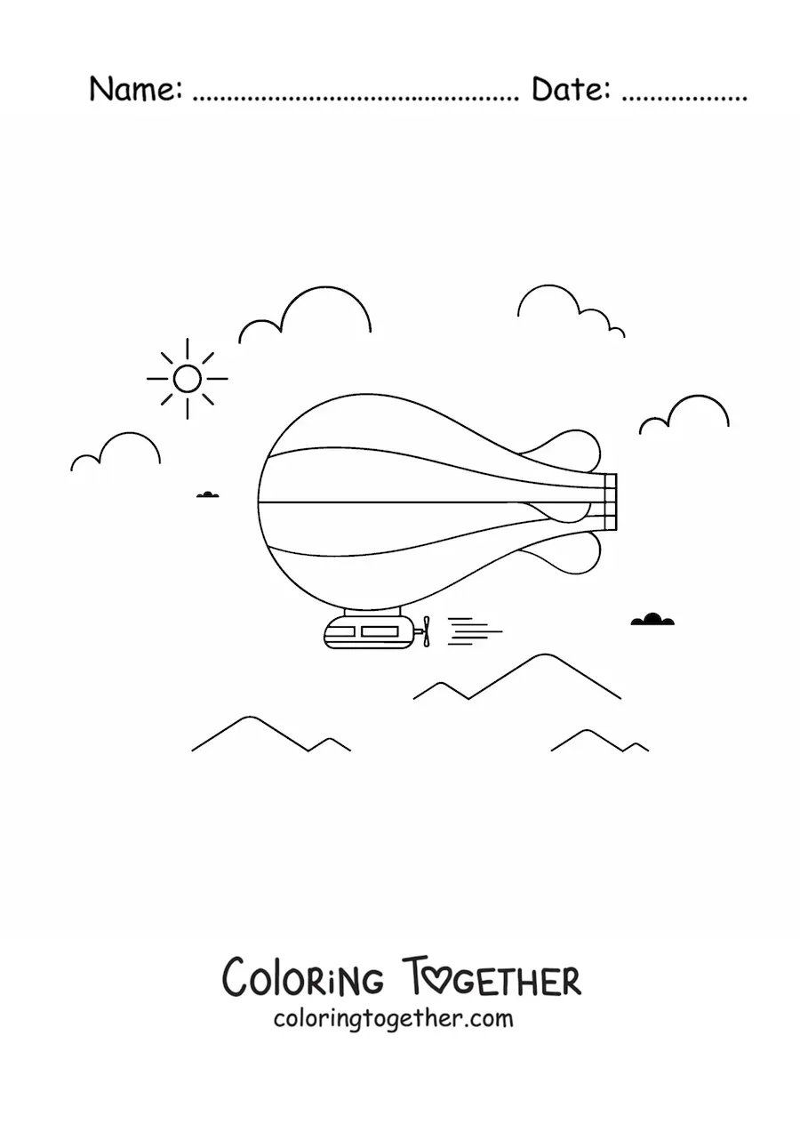 Coloring page of an airship flying with clouds and mountains in the background