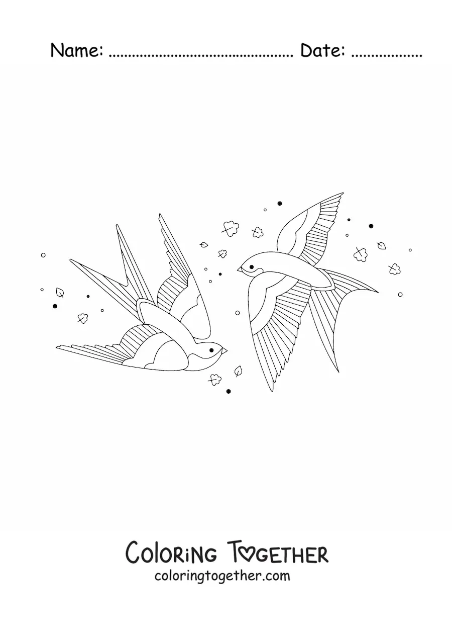 Coloring page of birds flying with leaves in the wind in the background