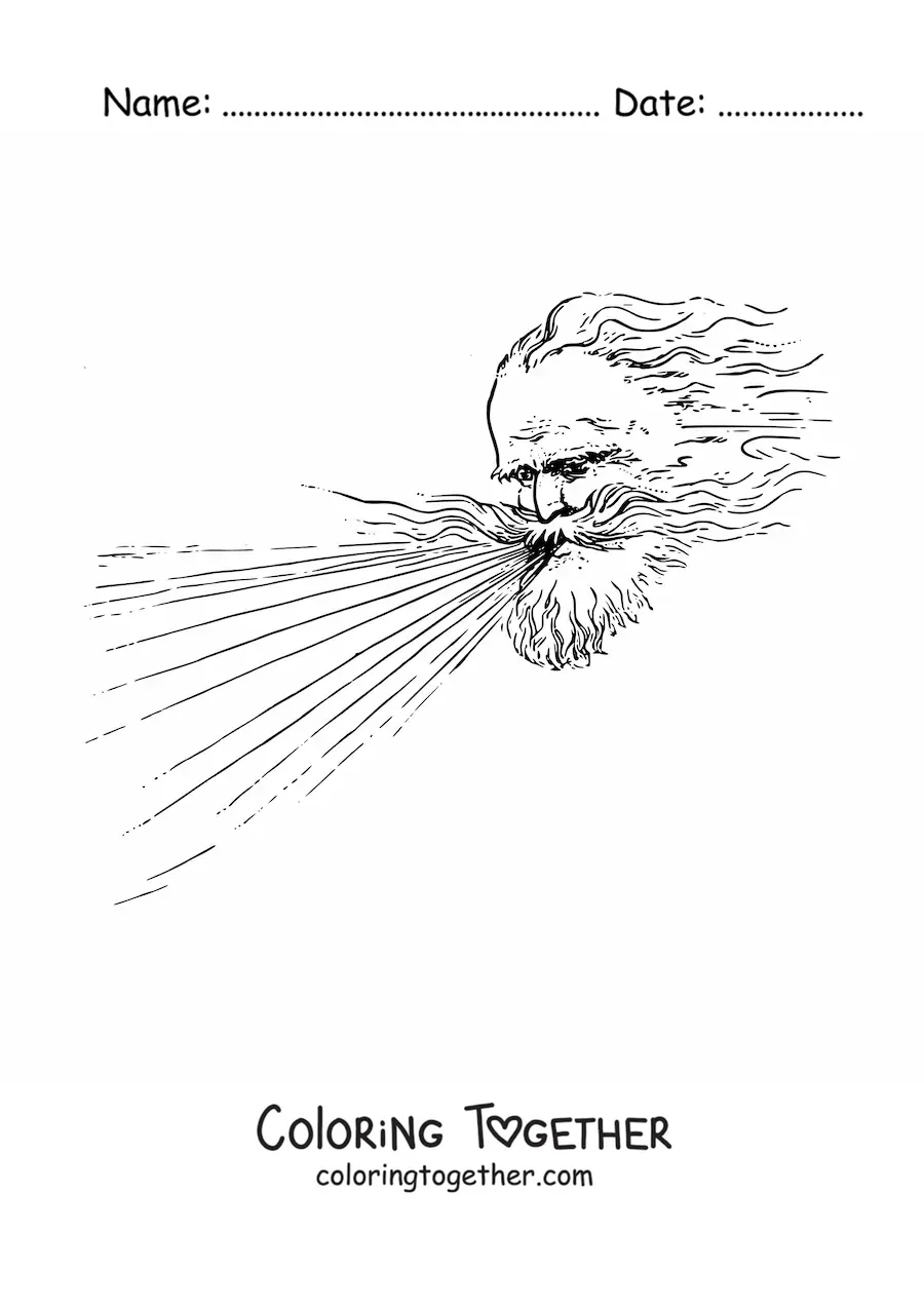 Coloring page of the god of the wind blowing