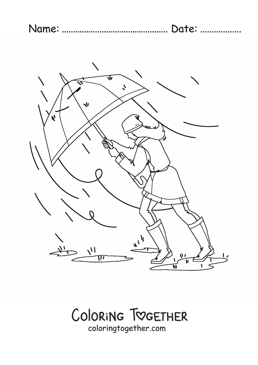 Coloring page of a girl with an umbrella walking in a strong storm