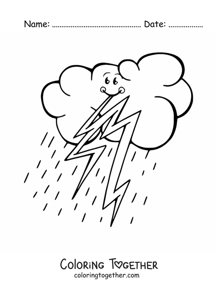 Coloring page of a kawaii cartoon cloud with lightning bolts