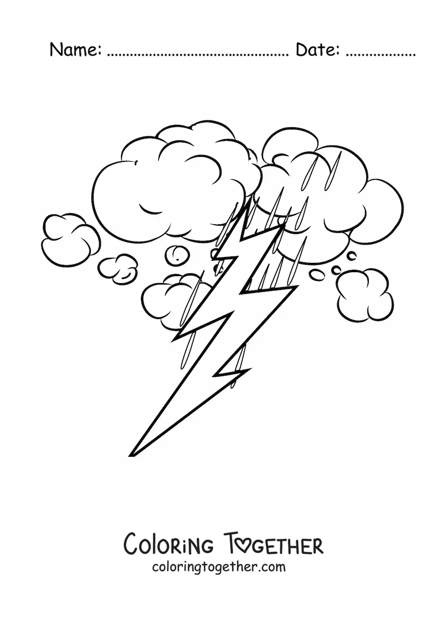 Coloring page of rain and lightning in a thunderstorm