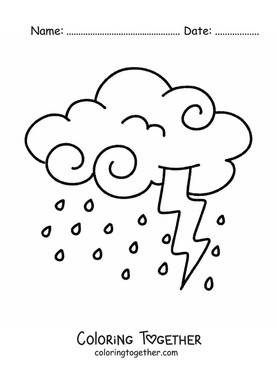 Coloring page of a cloud with rain and a lightning bolt in a storm with lightning