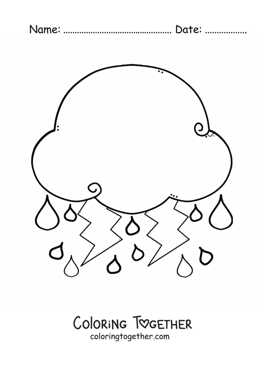 Coloring page of a rain cloud with lightning