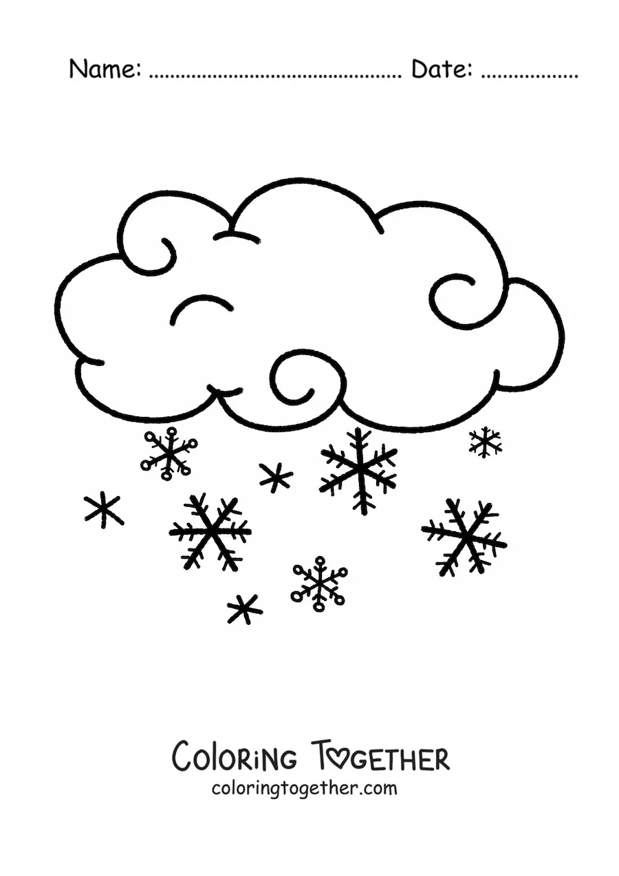Coloring page of a cloud with snowflakes