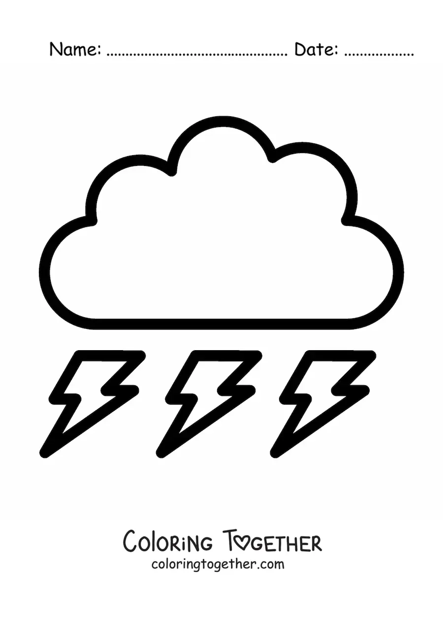 Coloring page of a cloud with 3 lightning bolts