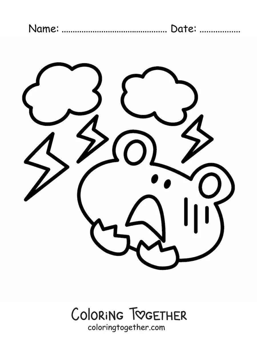 Coloring page of a cartoon frog scared by a thunderstorm