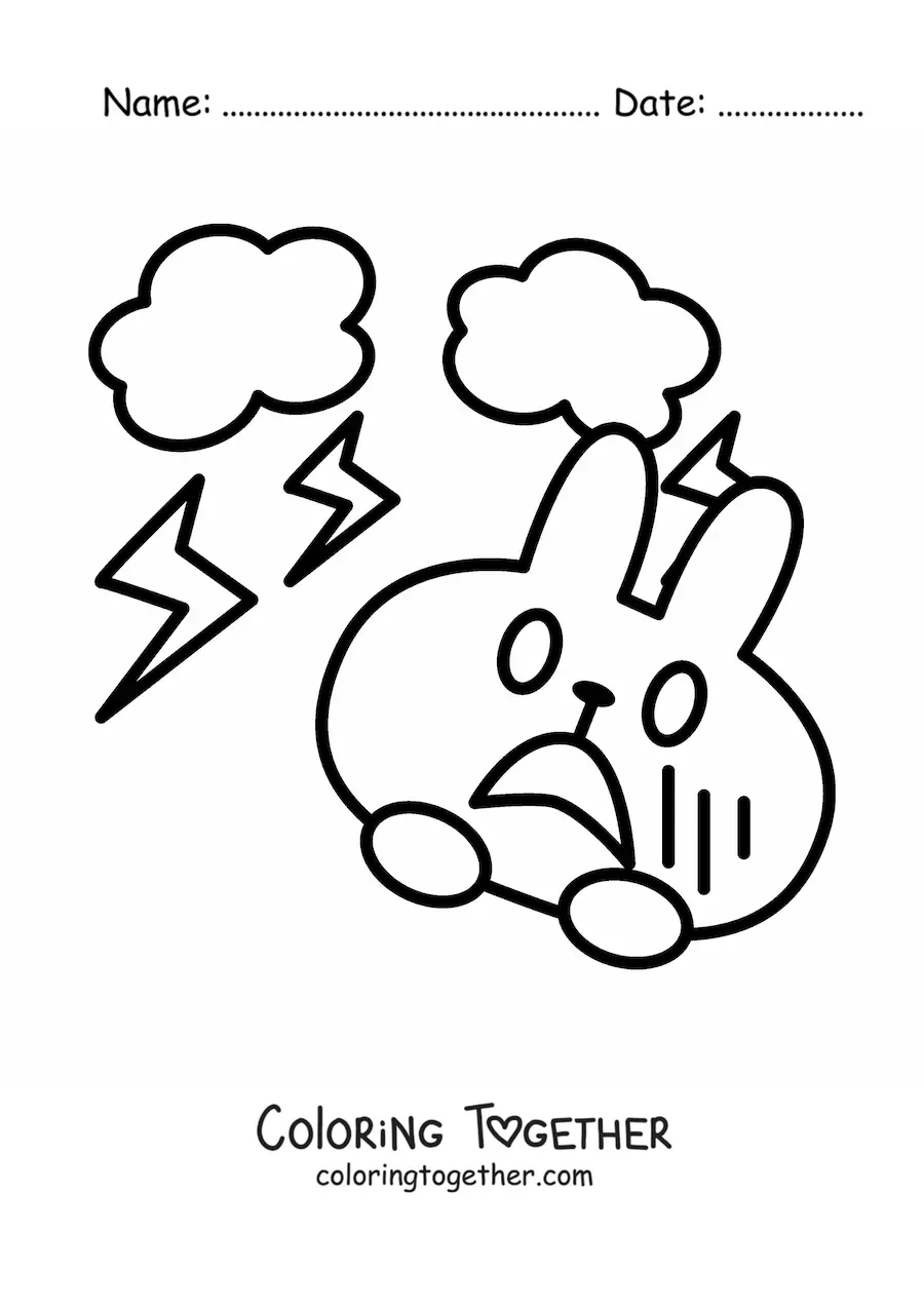 Coloring page of a cartoon rabbit scared by a thunderstorm
