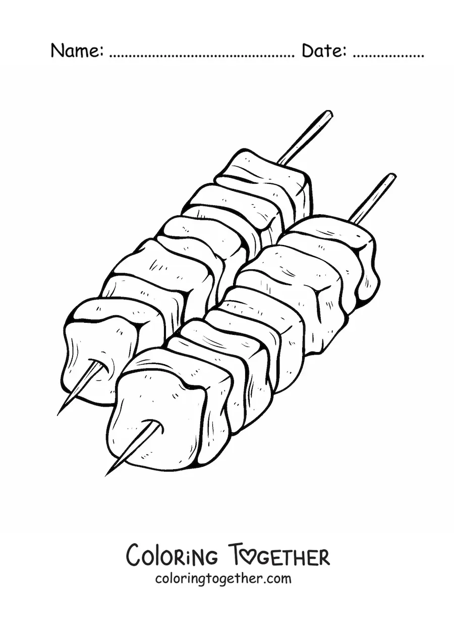 Coloring page of a grilled meat skewer