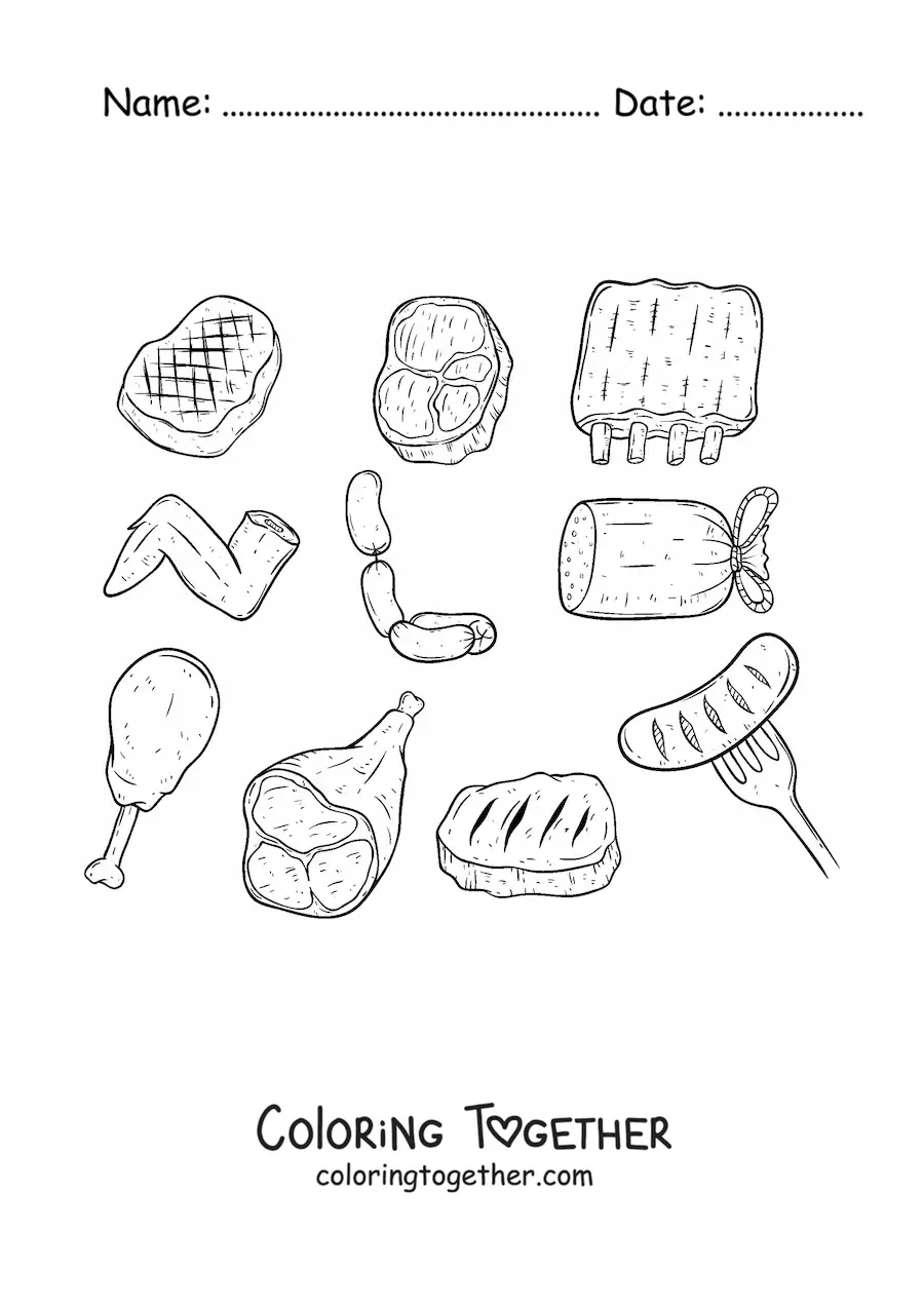 Coloring page of several red and white meats