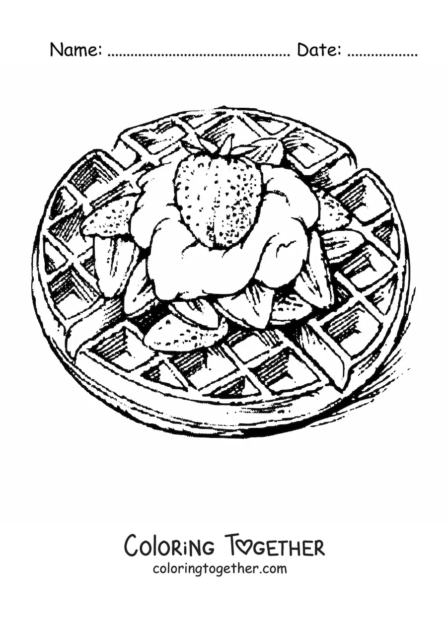 Coloring page of waffles with cream and strawberries