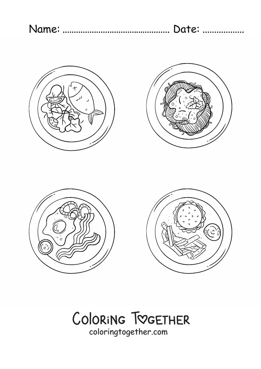 Coloring page of several dishes with cooked meat