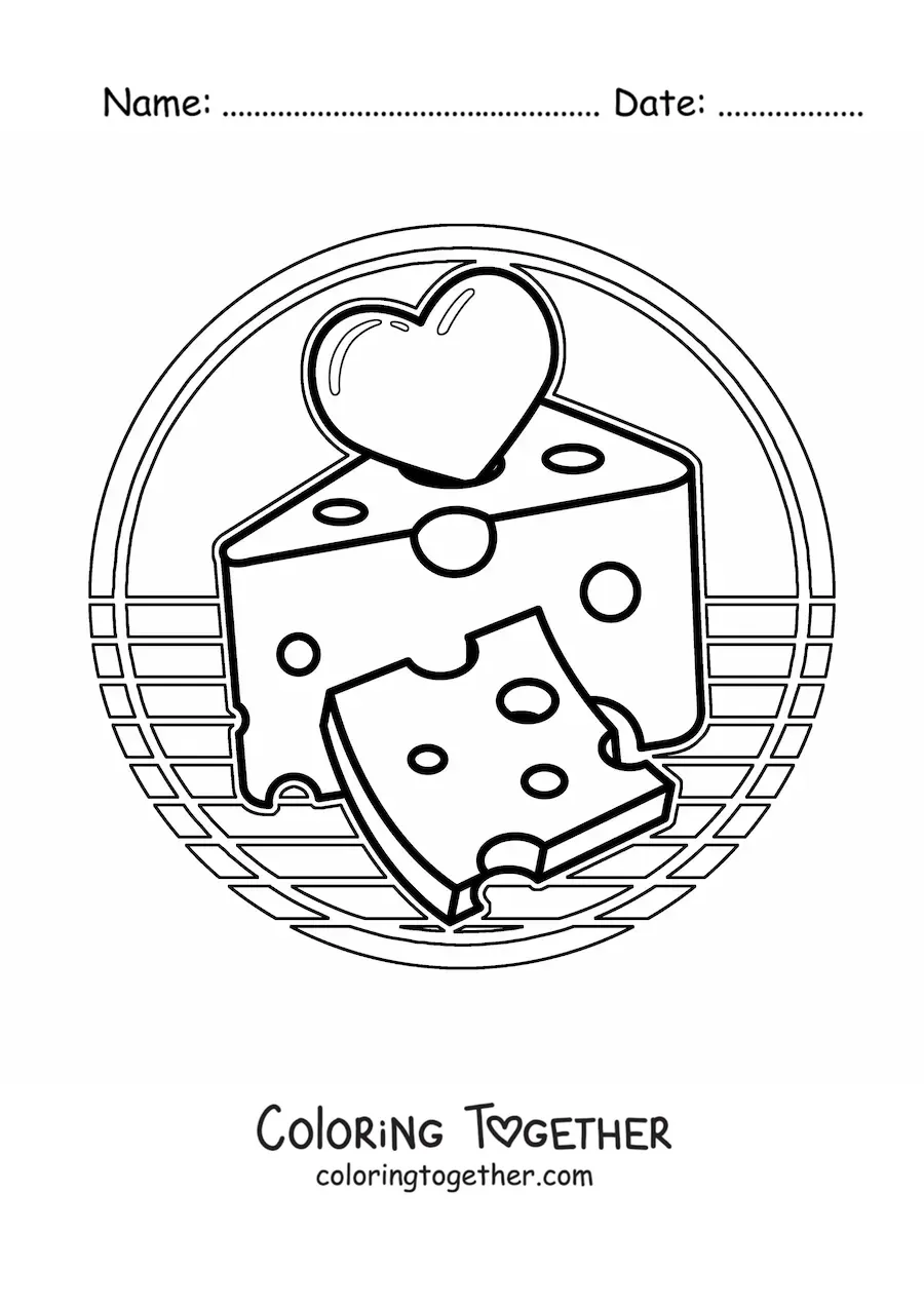 Coloring page of a chunk and a slice of cheese with a heart