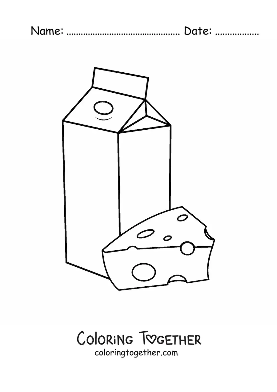 Coloring page of a chunk of cheese and a carton of milk