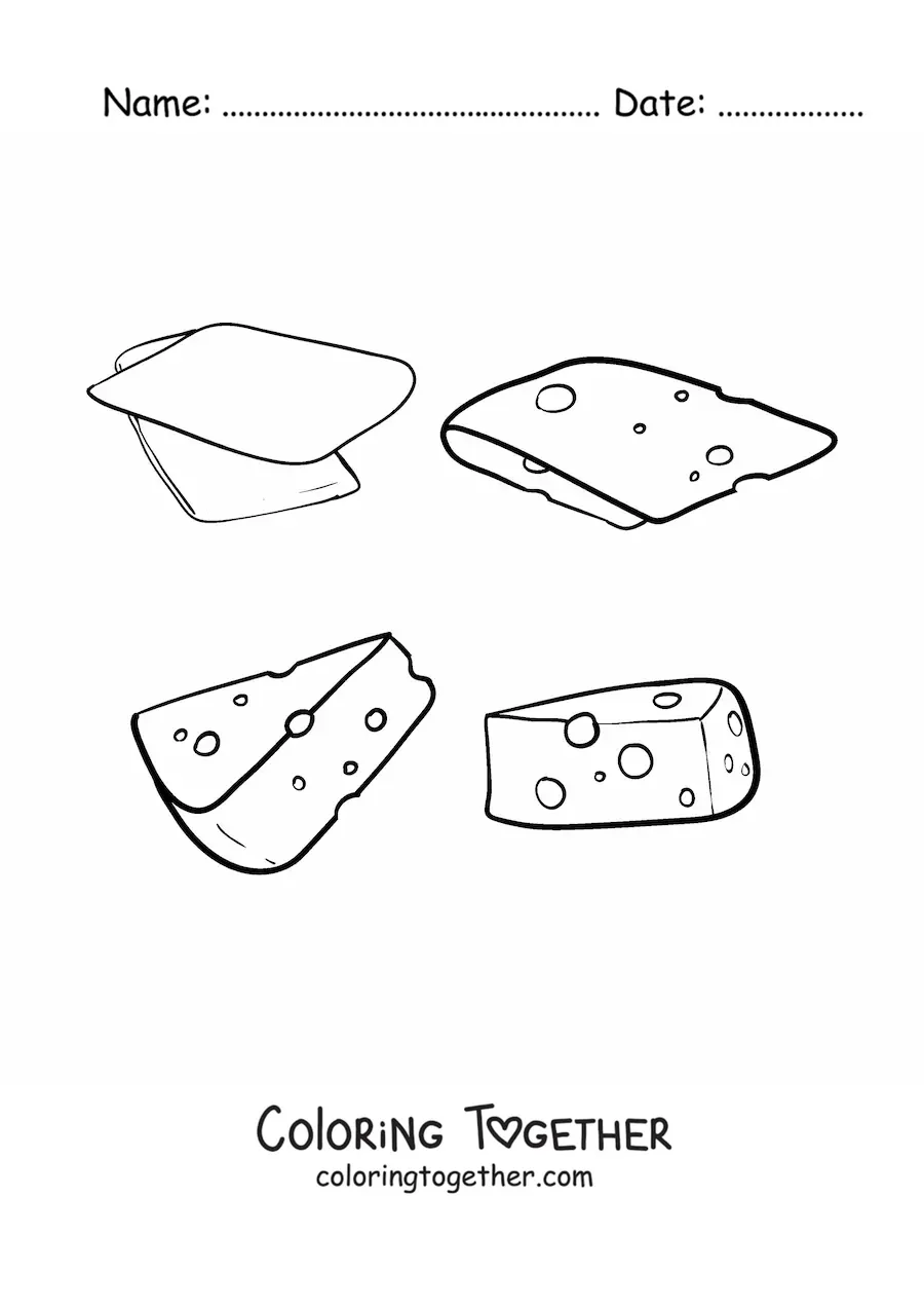 Coloring page of various cheeses
