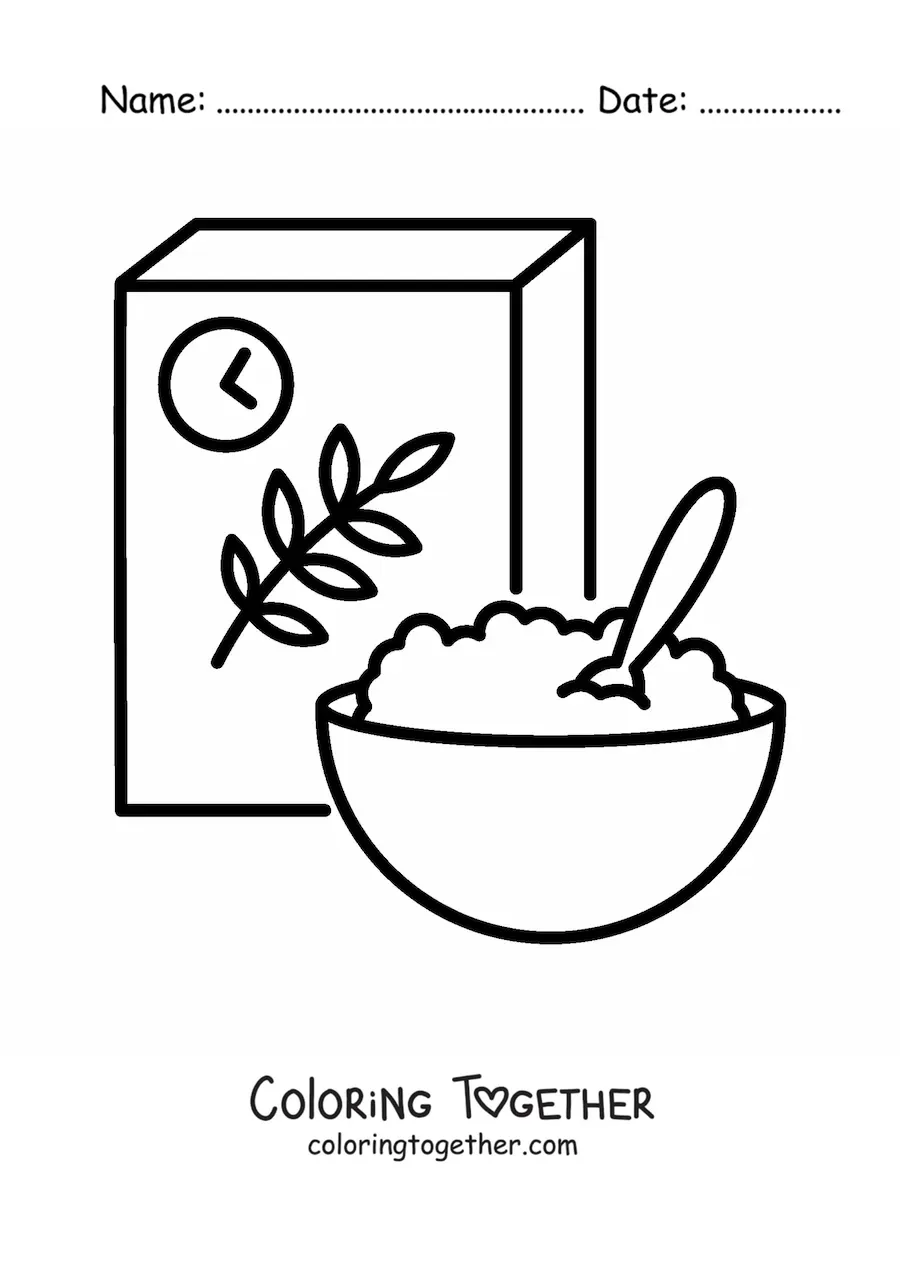 Coloring page of a cereal box and a bowl of cereal with milk