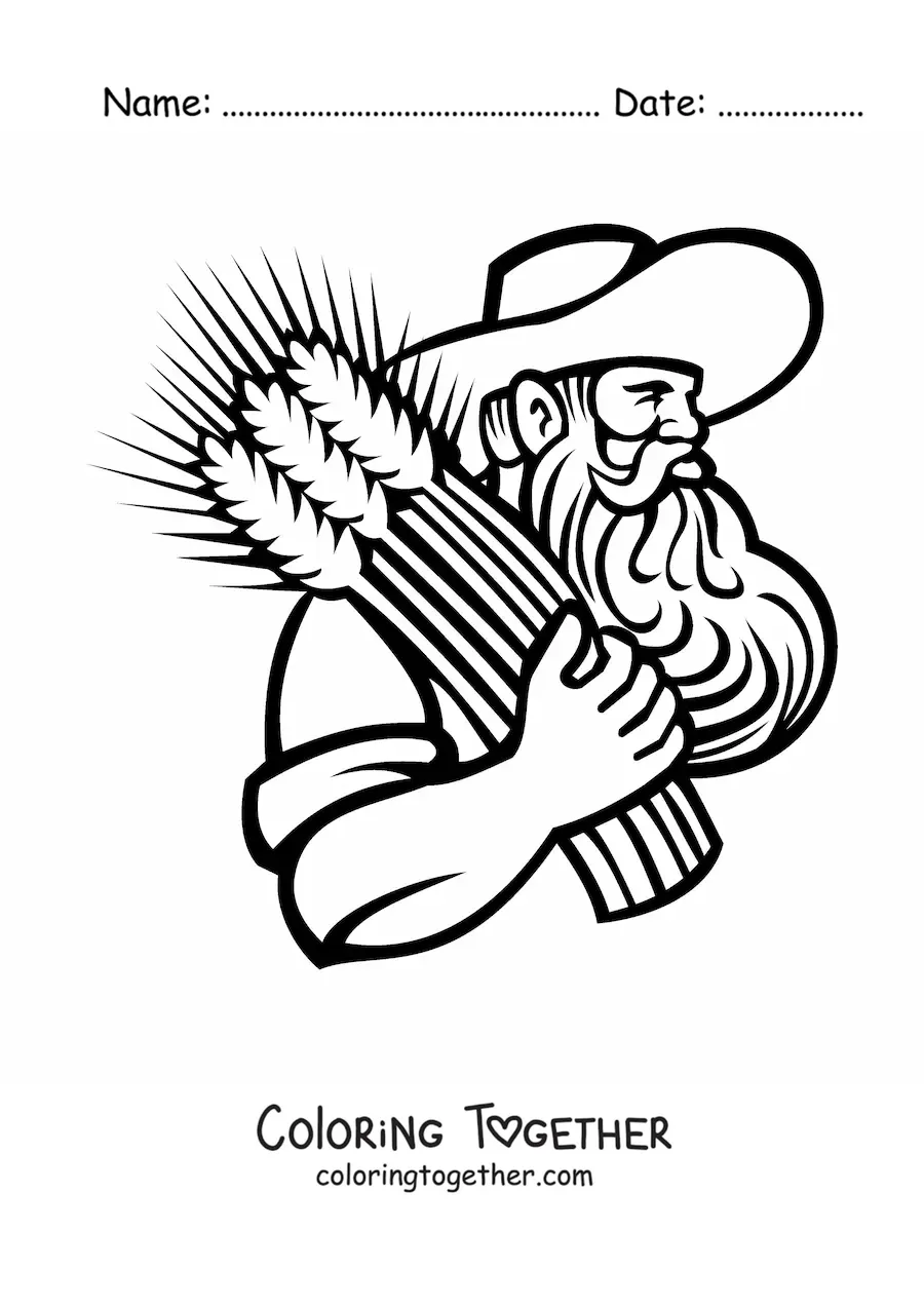 Coloring page of a farmer carrying sheaves of wheat