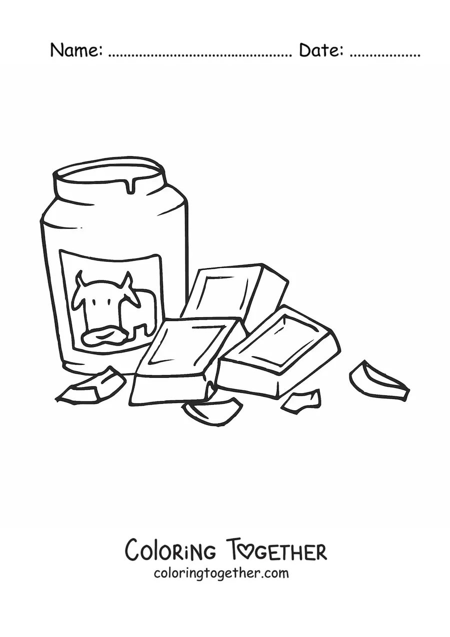 Coloring page of a piece of chocolate next to a jar of milk