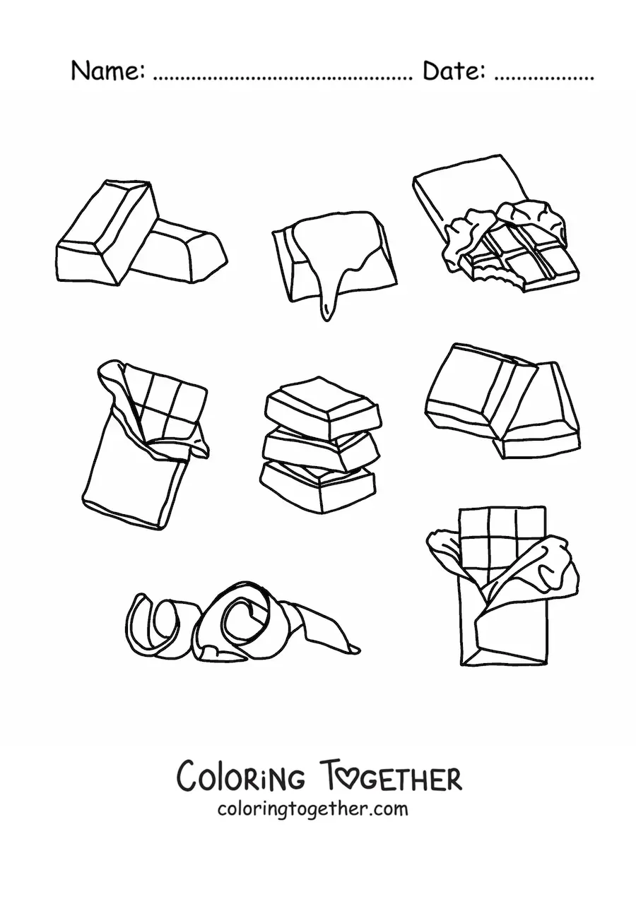 Coloring page of several chocolate bars and pieces