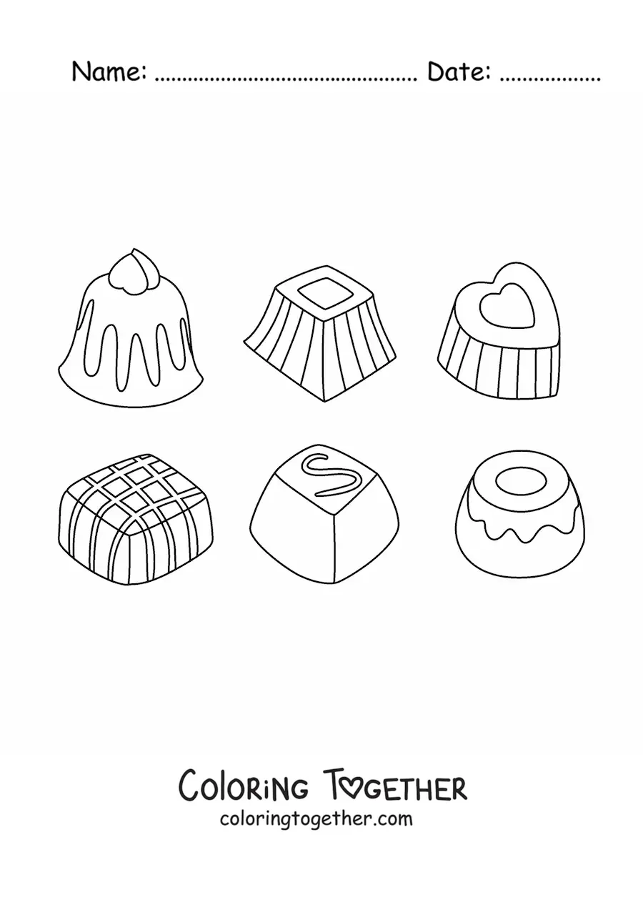 Coloring page of several chocolate bonbons