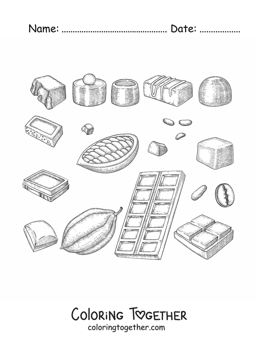 Coloring page of several pieces of chocolate and cocoa
