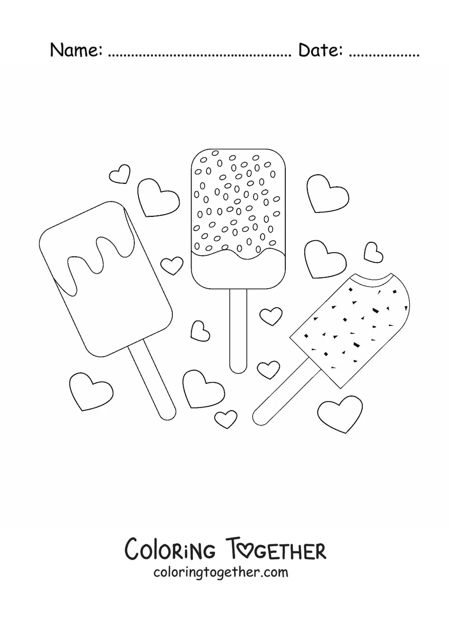 Coloring page of three ice cream bars covered in chocolate