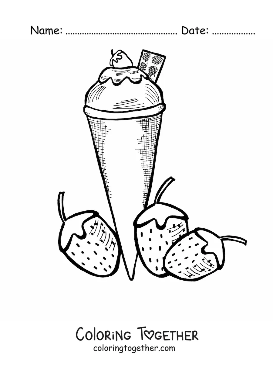 Coloring page of an ice cream cone next to two strawberries