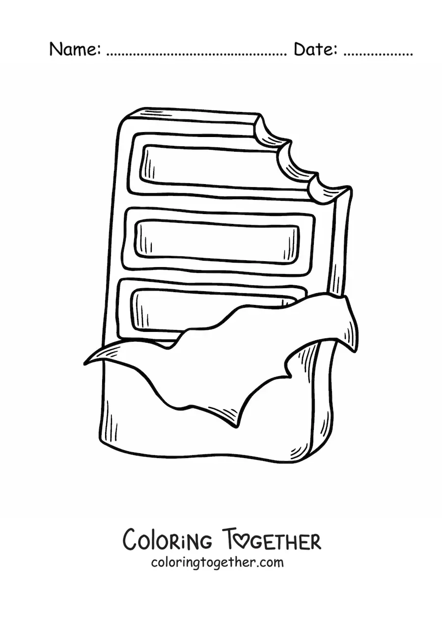 Coloring page of a chocolate bar with a bite taken out of it