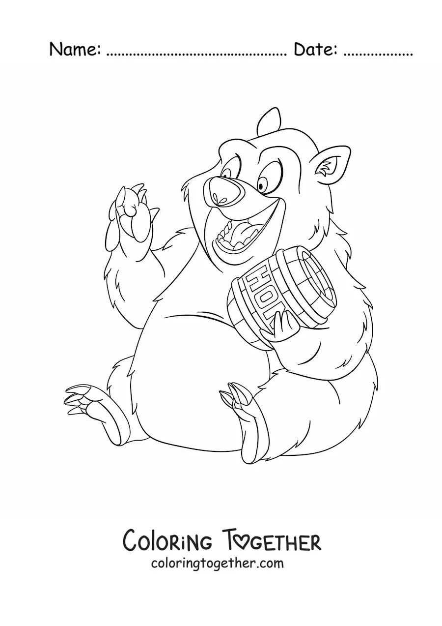 Coloring page of an animated bear eating honey