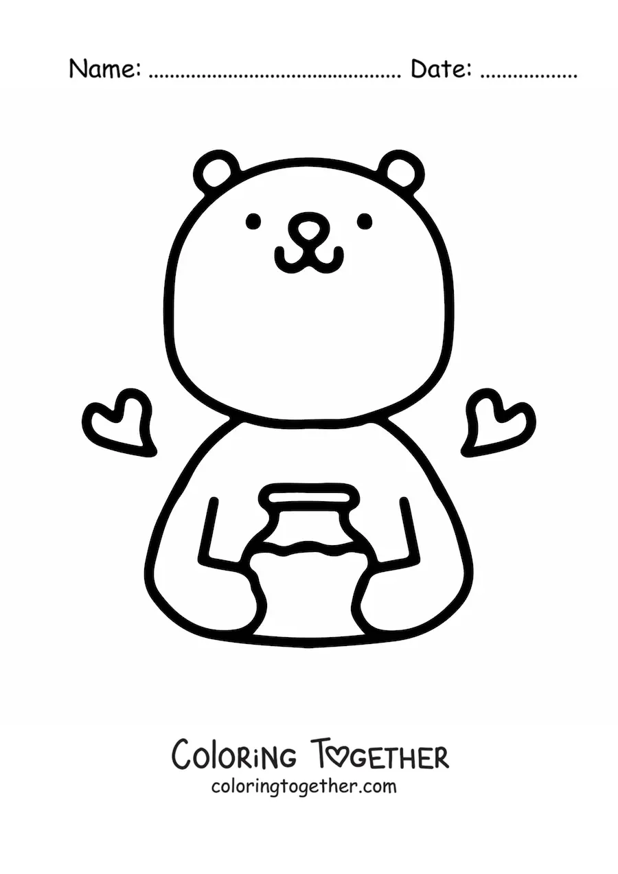 Coloring page of a cute bear with a jar of honey