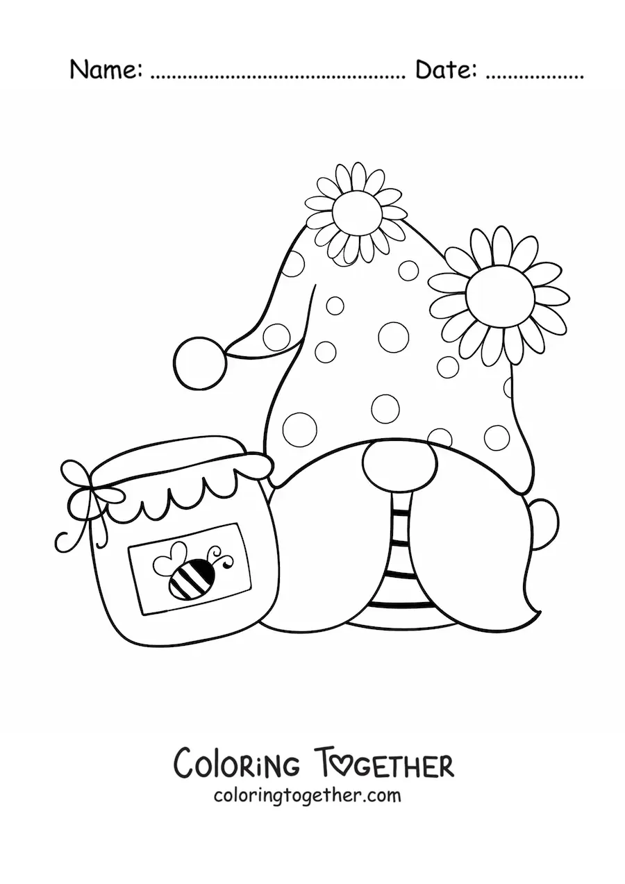 Coloring page of a kawaii gnome with a jar of honey