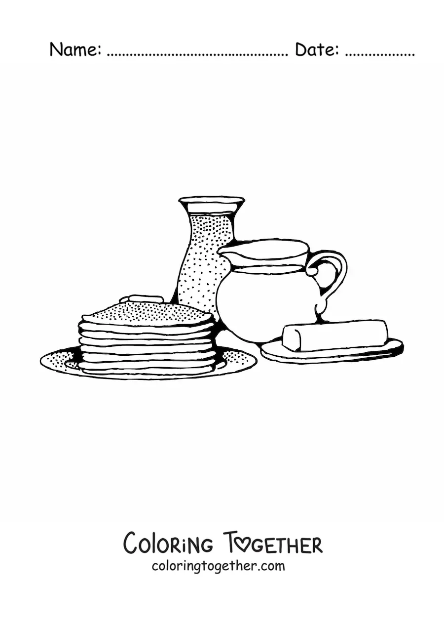 Coloring page of several pancakes with margarine and milk