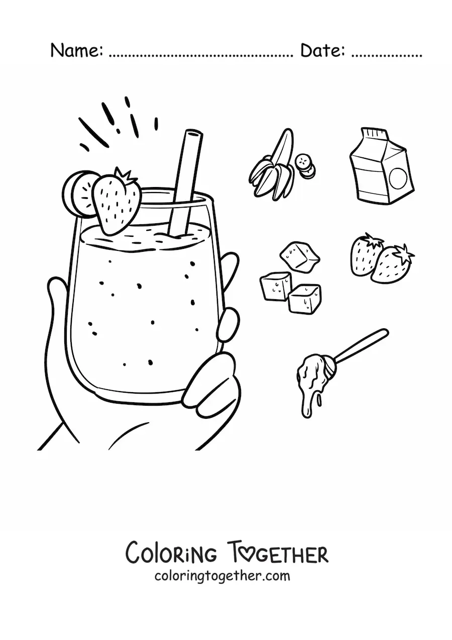 Coloring page of a hand holding a strawberry smoothie surrounded by its ingredients