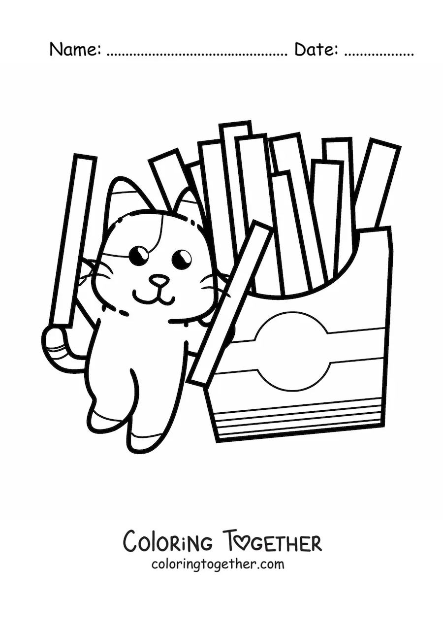 Coloring page of an animated cat playing with some french fries