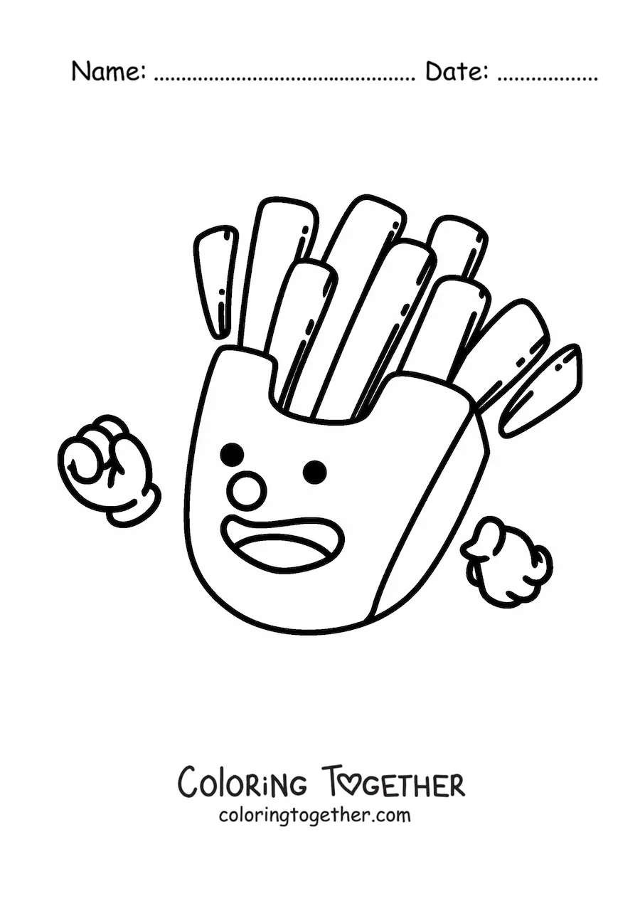 Coloring page of a cartoon of animated french fries