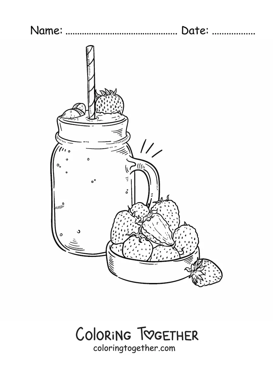 Coloring page of a pitcher of strawberry milkshake next to several strawberries